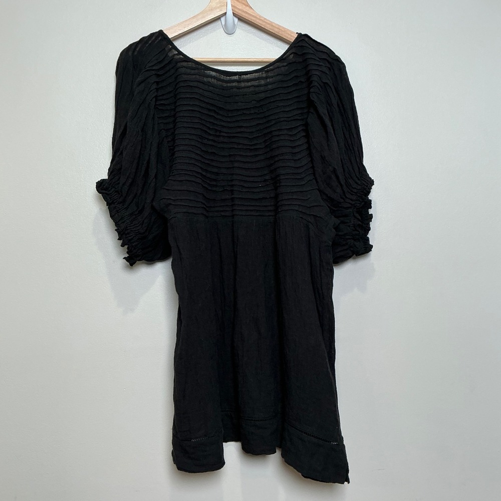 Free People Elsie Tunic Top M Black Pintuck Plt Puff Sleeve Gauze Boho Romantic - Picture 6 of 8